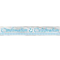 A blue and white Confirmation Celebration banner with decorative swirls and a dove.