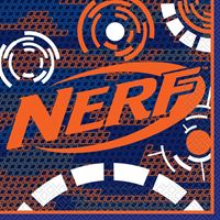 Colorful Nerf logo with target designs on a blue and orange background.