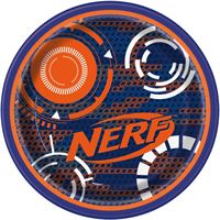 A colorful Nerf disc with orange and blue design.