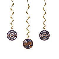 Three hanging swirl-patterned decorations with gold spirals.