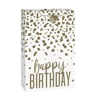 Elegant white and gold happy birthday gift bag with confetti design.