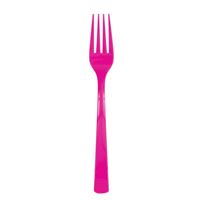 Bright pink plastic fork on a white background.