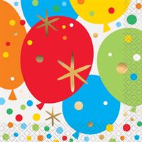 Colorful balloons and star shapes create a festive pattern.