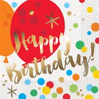 Colorful happy birthday balloons with confetti background.