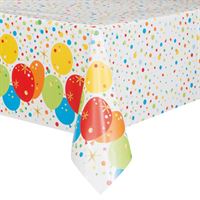Colorful polka dot tablecloth with bright balloons design.