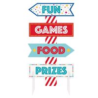 Colorful directional signs for fun, games, food, and prizes.