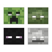 Four pixelated Minecraft mob faces in different color schemes.