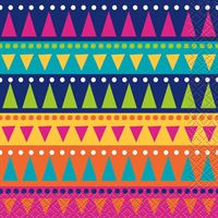 Colorful geometric pattern with triangles and dots in stripes.