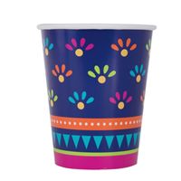 Colorful party cup with geometric and floral patterns.