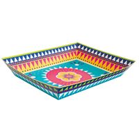 Colorful rectangular woven basket with intricate patterns.