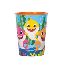 Colorful Baby Shark-themed plastic cup with characters on a blue underwater background.