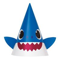 Blue shark-shaped party hat with eyes and teeth design.