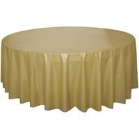Round table covered with a beige tablecloth.