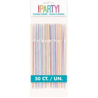 Pack of 50 pastel-colored drinking straws in a clear plastic bag.