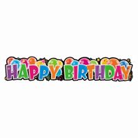 Colorful Happy Birthday banner with cartoon characters.