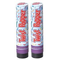 Two Twist Topper party string cans with purple caps.