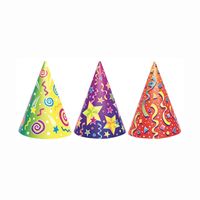 Three colorful party hats with numbers and stars.