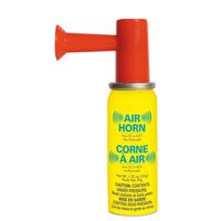 A yellow and red air horn canister with a red nozzle.