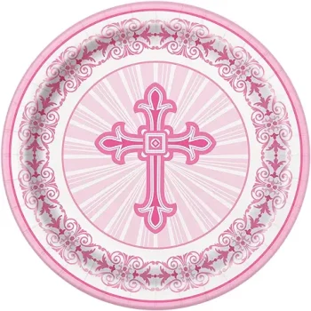 Intricate pink cross design inside a decorative circular border.