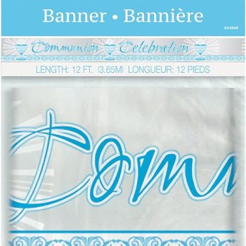 A decorative banner with blue and white text celebrating a special occasion.