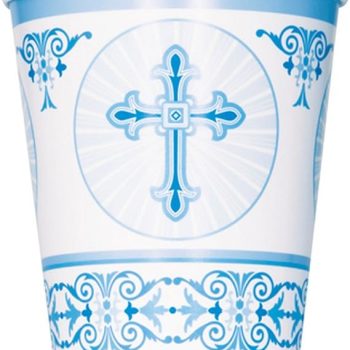 White cup with blue religious cross and decorative patterns.