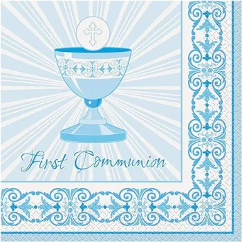 Elegant First Communion card with a blue chalice and ornate border.