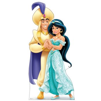 Aladdin and Jasmine in royal attire, standing close together.