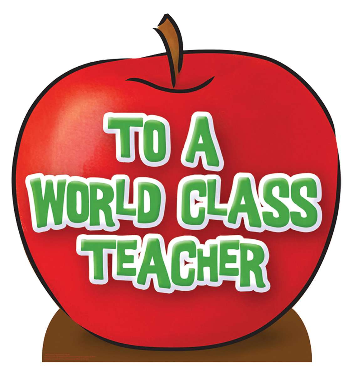A red apple with the text 'To a World Class Teacher' in green and white.