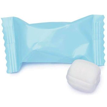 A white mint candy with blue wrapper.