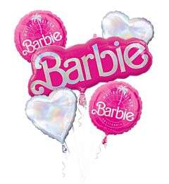 Pink and white Barbie-themed balloons grouped together.