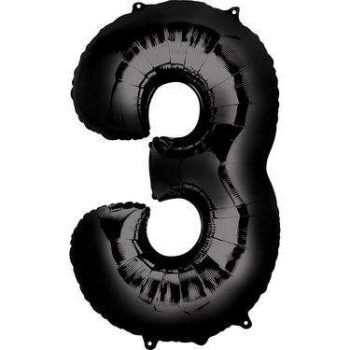 Close-up of a shiny black foil number 3 balloon, perfect for adding a touch of elegance and celebration to any event or party decor.