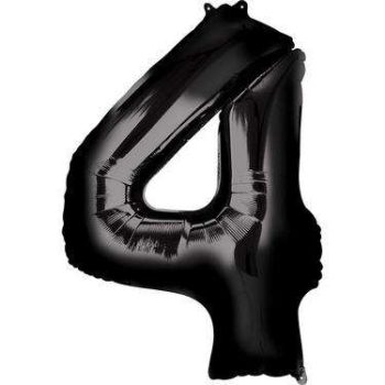 Close-up of a shiny black foil number 4 balloon, perfect for adding a touch of elegance and celebration to any event or party decor.