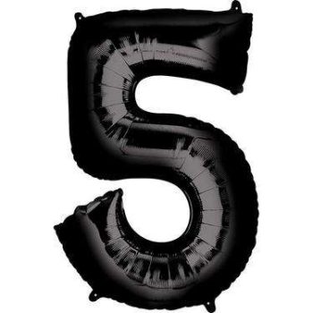 Close-up of a shiny black foil number 5 balloon, perfect for adding a touch of elegance and celebration to any event or party decor.