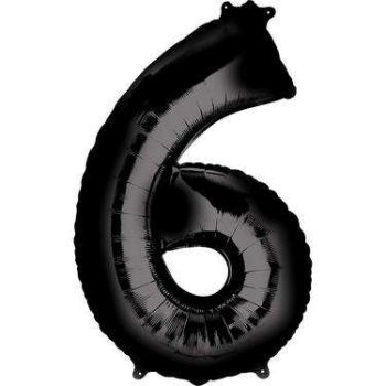 Close-up of a shiny black foil number 6 balloon, perfect for adding a touch of elegance and celebration to any event or party decor.