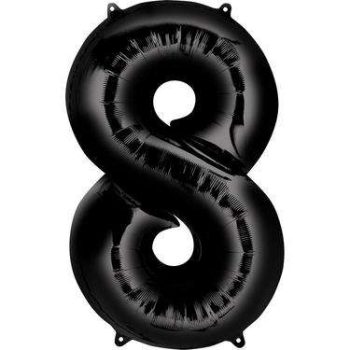 Close-up of a shiny black foil number 8 balloon, perfect for adding a touch of elegance and celebration to any event or party decor.
