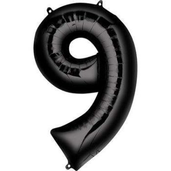 Close-up of a shiny black foil number 9 balloon, perfect for adding a touch of elegance and celebration to any event or party decor.