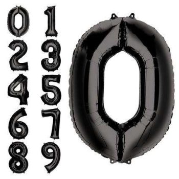 Black number-shaped balloons from 0 to 9 arranged in two rows.