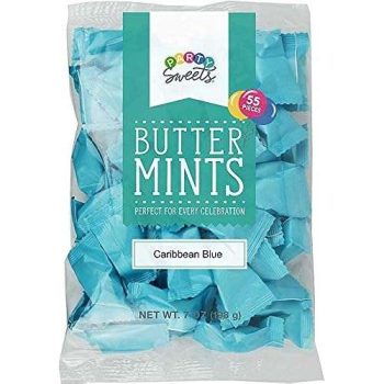 Individually wrapped Caribbean Blue Butter Mints in a turquoise and white bag.