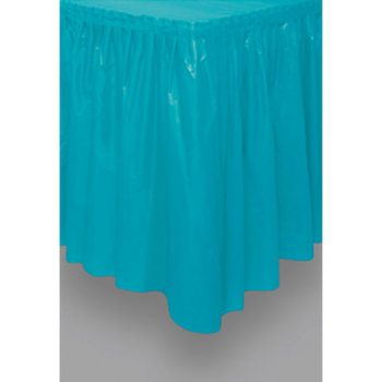 Bright turquoise plastic tablecloth covering a rectangular table.