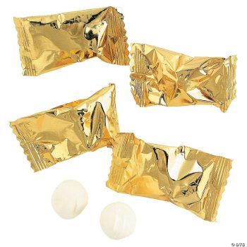 Two white candies in golden wrappers.
