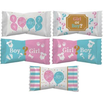 Gender reveal candy bars with balloons and boy/girl designs.