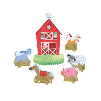 Colorful wooden farm animal toys surrounding a red barn.