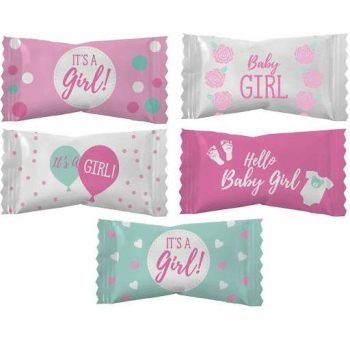 Four pastel-themed baby girl candy wrappers in pink, white, and green.