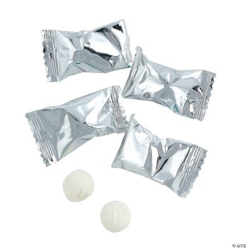 White mints with silver foil wrappers.