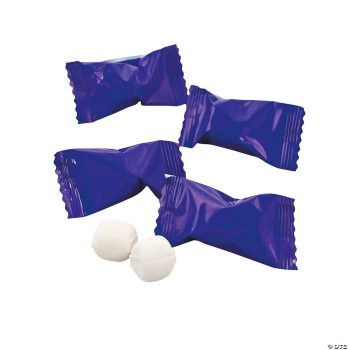 Five purple-wrapped mints with two unwrapped white mints visible.