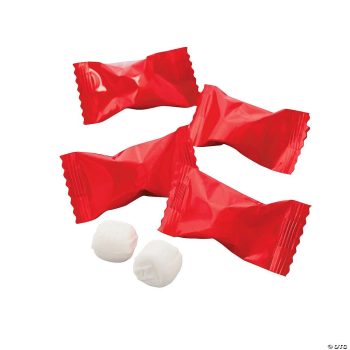Red-wrapped candies with two white mints outside.
