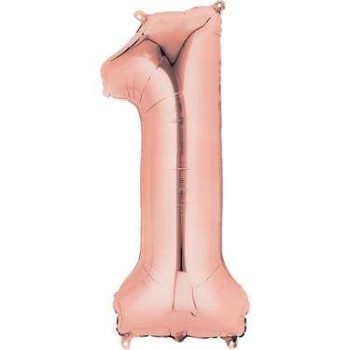 Close-up of a rose gold number 1 helium balloon, perfect for adding a touch of elegance and celebration to any event or party decor.