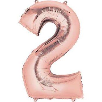Close-up of a rose gold number 2 helium balloon, perfect for adding a touch of elegance and celebration to any event or party decor.