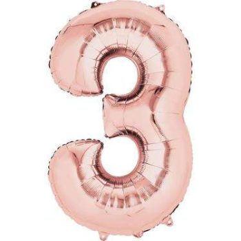 Close-up of a rose gold number 3 helium balloon, perfect for adding a touch of elegance and celebration to any event or party decor.