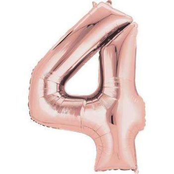 Close-up of a rose gold number 4 helium balloon, perfect for adding a touch of elegance and celebration to any event or party decor.
